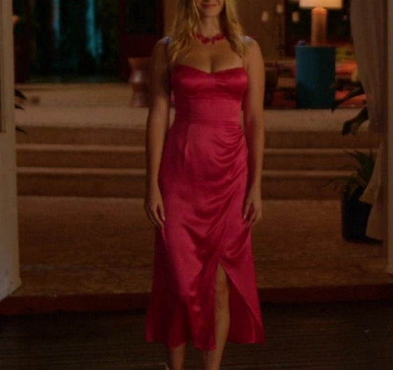 Fuchsia Satin Midi Dress with High Slit Worn by Virginia Gardner as Abby Abernathy