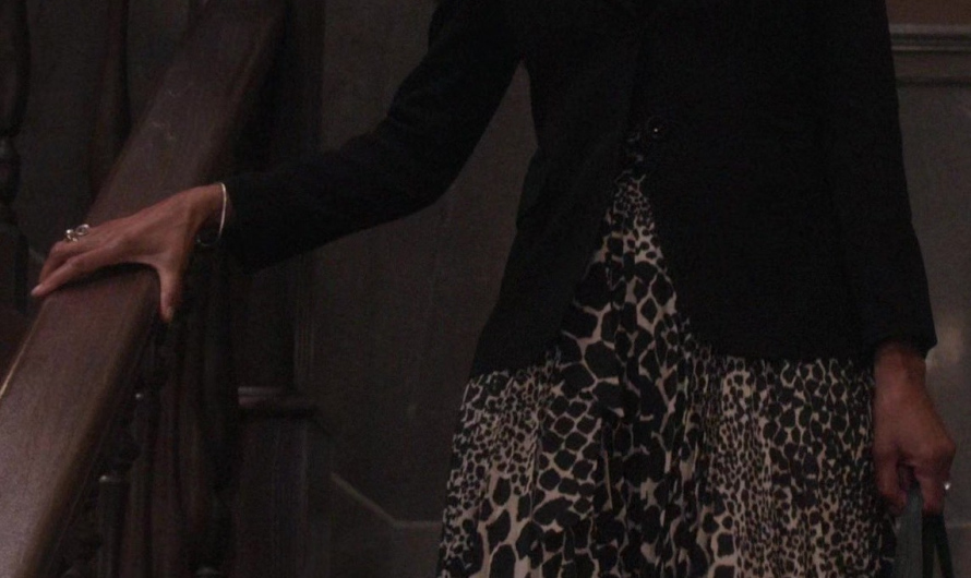 Giraffe Animal Print Pleated Asymmetrical Hem Skirt of Leslie Silva as Beverly Crest