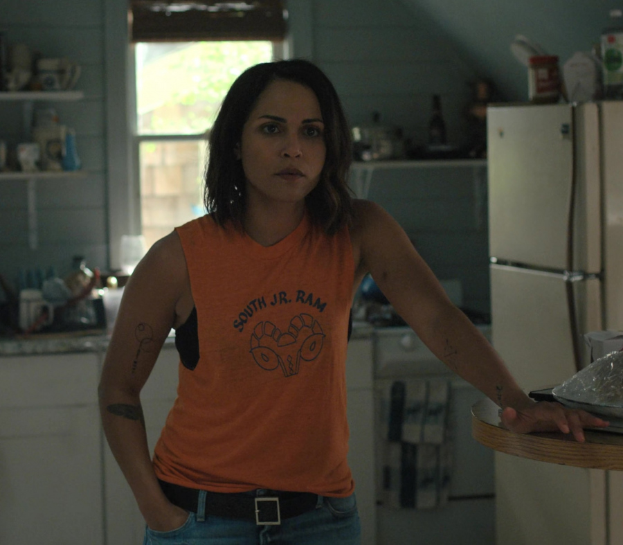 Orange Tank Top with South JR. Ram Logo Worn by Monica Raymund as Jackie Quiñones from Hightown TV Show