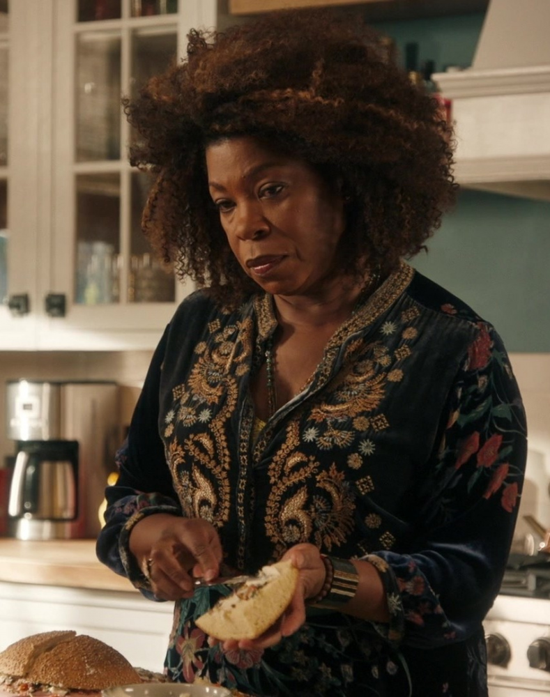 floral embroidered velvet tunic top in - Lorraine Toussaint (Viola (Aunt Vi) Marsette) - The Equalizer TV Show