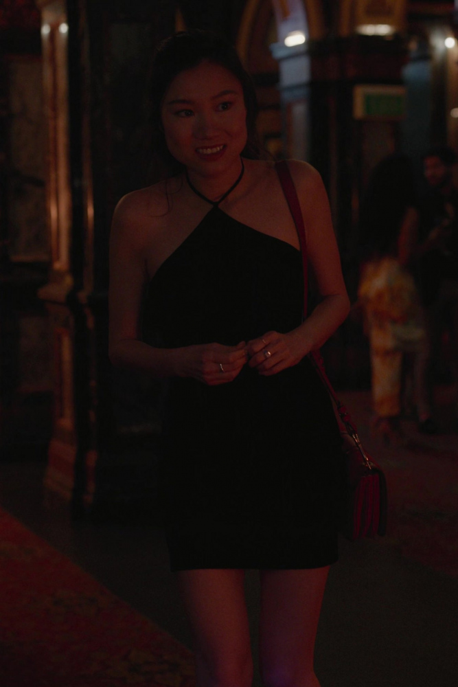 Black A-Line Mini Dress with Halter Strap Detail Worn by Shuang Hu as Lia from Five Blind Dates (2024) Movie