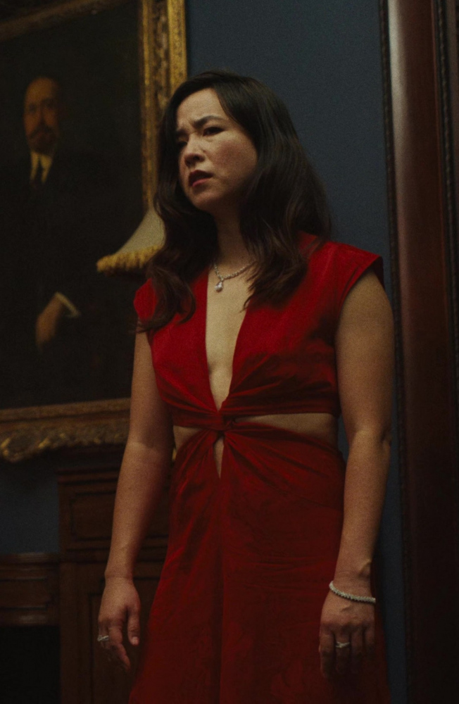Deep V-Neck and Knot Front Detail Red Evening Dress Worn by Maya Erskine as Jane Smith from Mr. &amp; Mrs. Smith TV Show