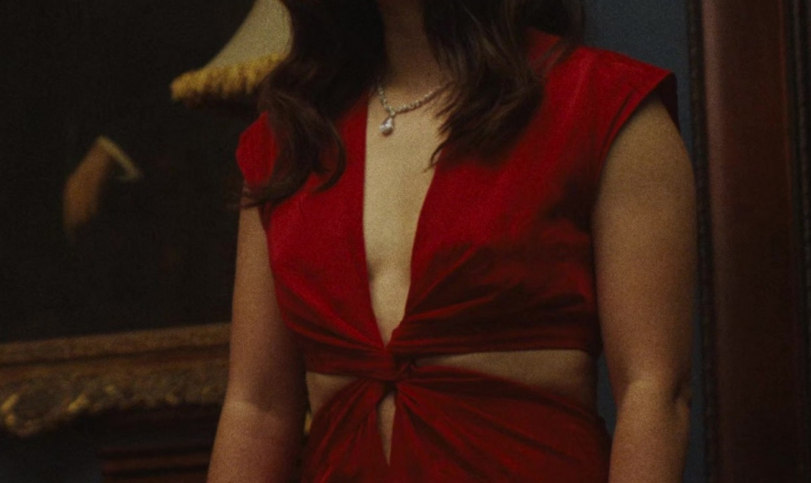 Deep V-Neck and Knot Front Detail Red Evening Dress Worn by Maya Erskine as Jane Smith