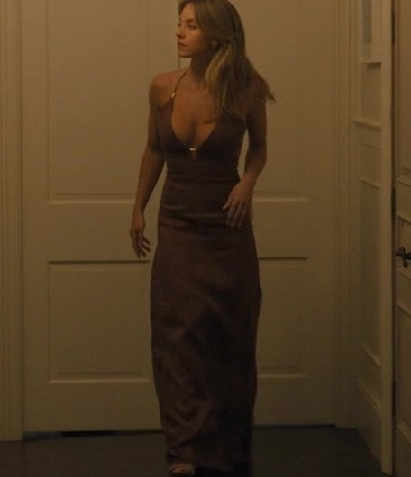 Brown Plunge Neckline Maxi Dress Worn by Sydney Sweeney as Bea