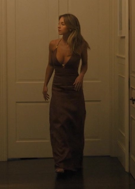 Brown Plunge Neckline Maxi Dress Worn by Sydney Sweeney as Bea from Anyone But You (2023) Movie