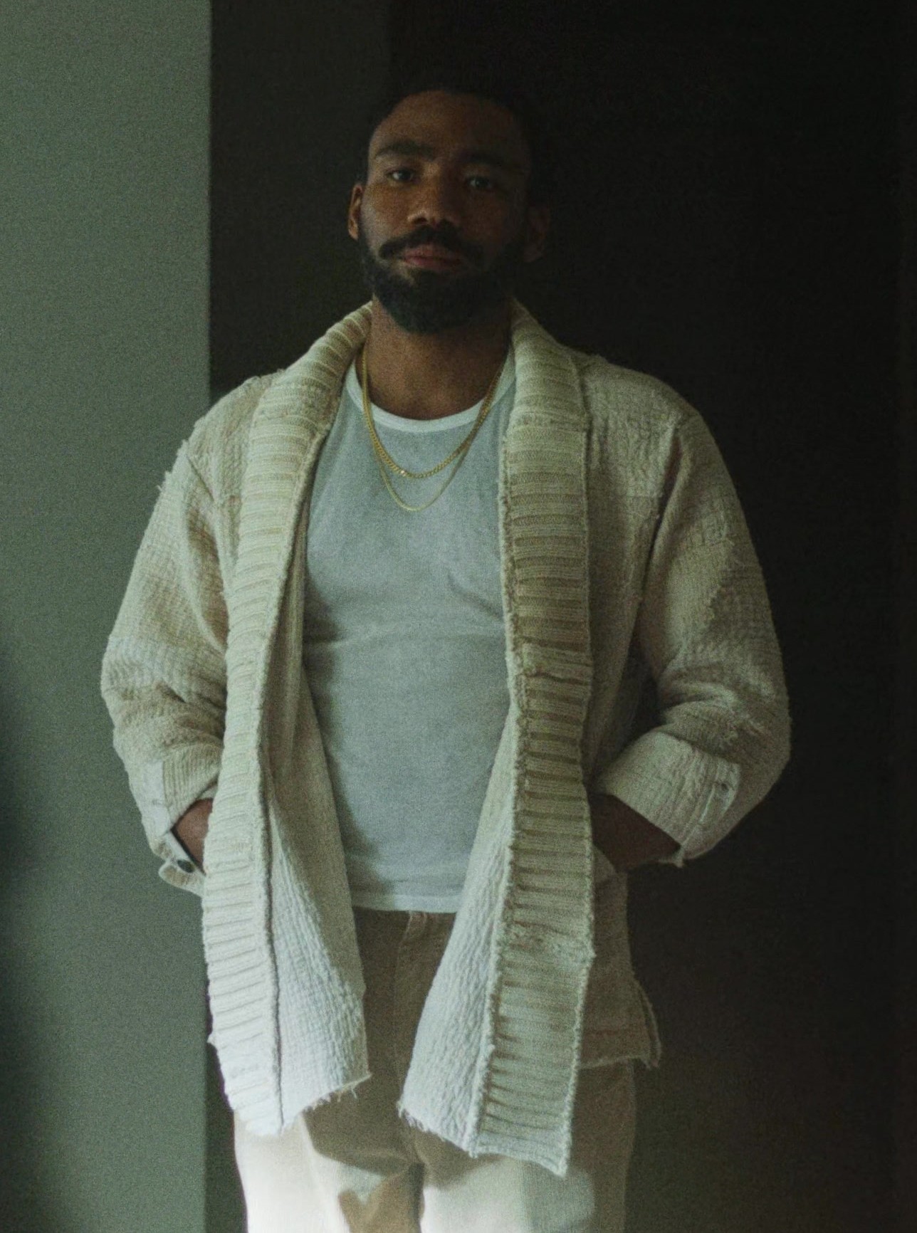 White Cardigan of Donald Glover as John Smith