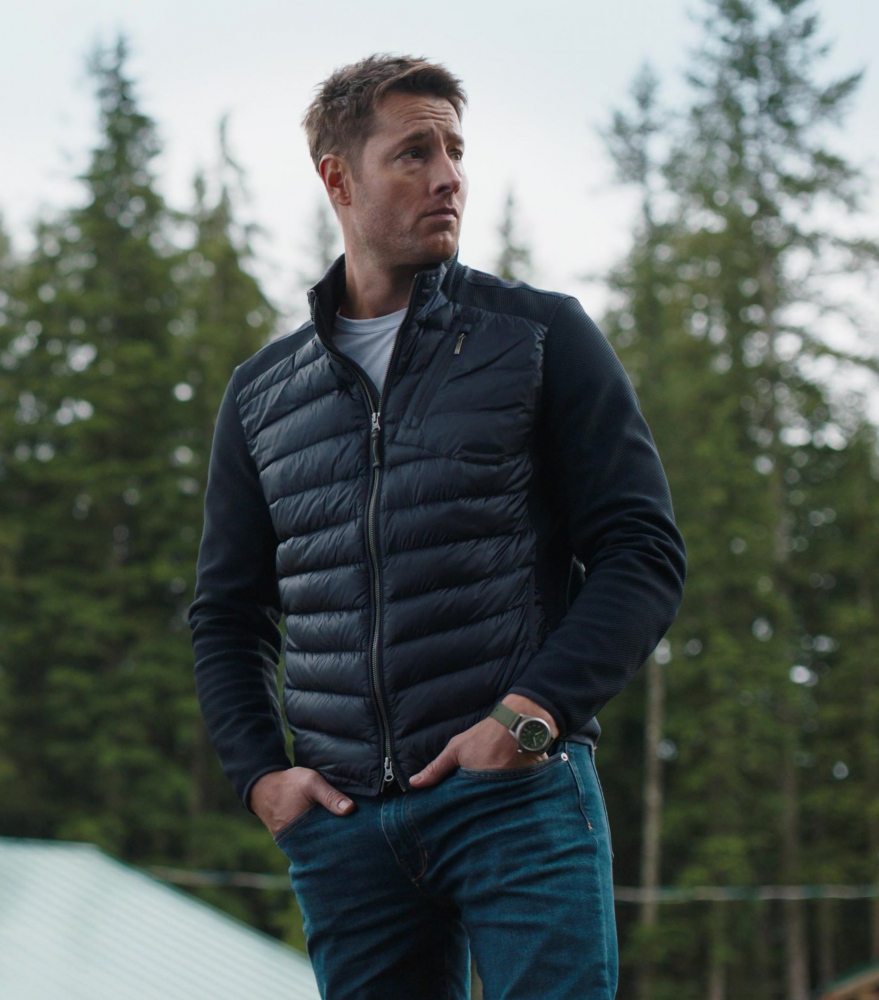 Hybrid Quilted Puffer Jacket with Knit Sleeves Worn by Justin Hartley as Colter Shaw