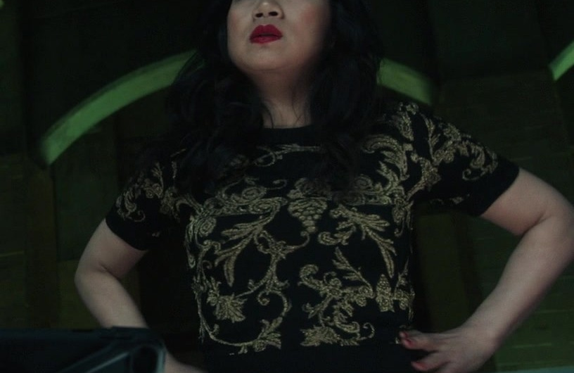 Jacquard Knit Short Sleeve Crop Sweater Worn by Liza Lapira as Melody (Mel) Bayani