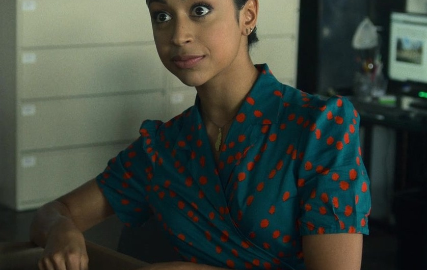 Herringbone Teal Cotton-Poplin Mini Wrap Dress of Liza Koshy as Ashley