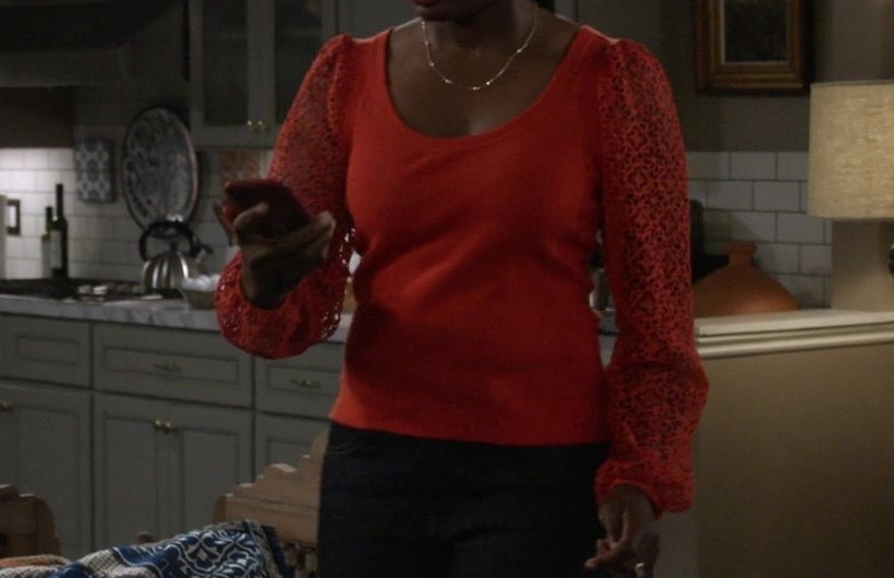 Red Lace-Sleeve Top of Folake Olowofoyeku as Abishola