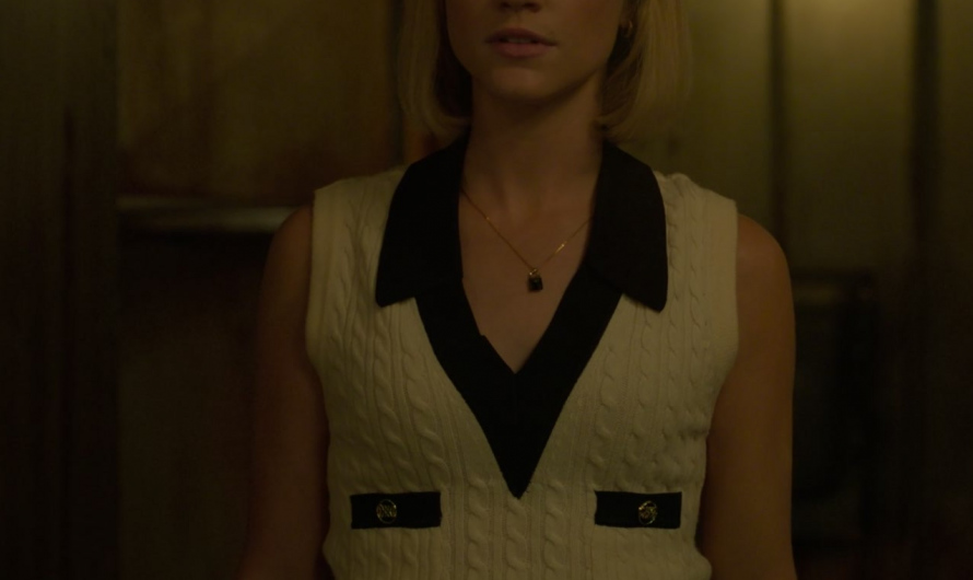 Sleeveless Sweater Vest with Black Detailing Worn by Violett Beane as Imogene Scott