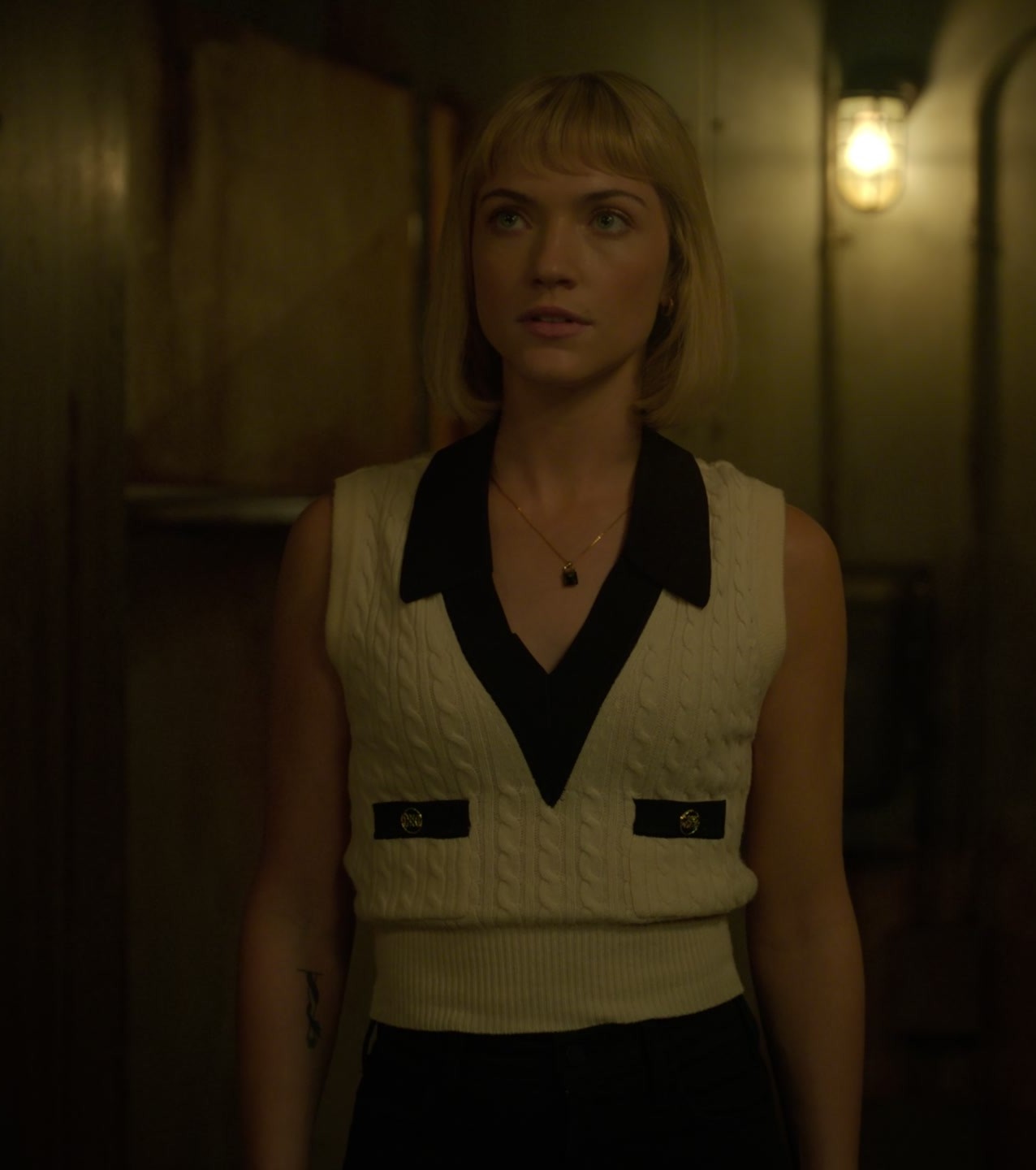 Worn on Death and Other Details TV Show - Sleeveless Sweater Vest with Black Detailing Worn by Violett Beane as Imogene Scott