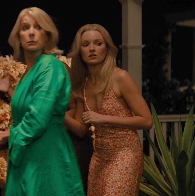 Orange Floral Halter Midi Dress Worn by Hadley Robinson as Halle from Anyone But You (2023) Movie