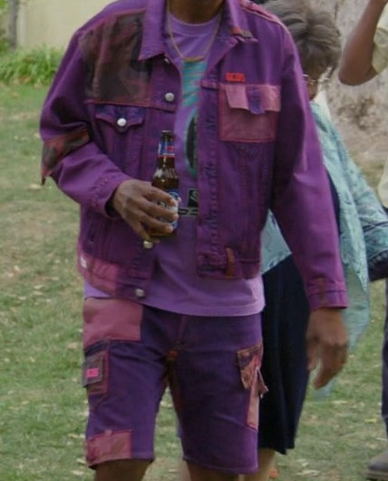 Purple Denim Jacket with Patch Pockets and Distressed Detail Worn by J. B. Smoove as Leon Black