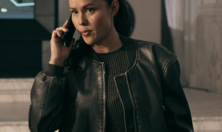 Charcoal Faux Leather Cropped Bomber Jacket Worn by Anna Enger Ritch as Officer Zoe Powell
