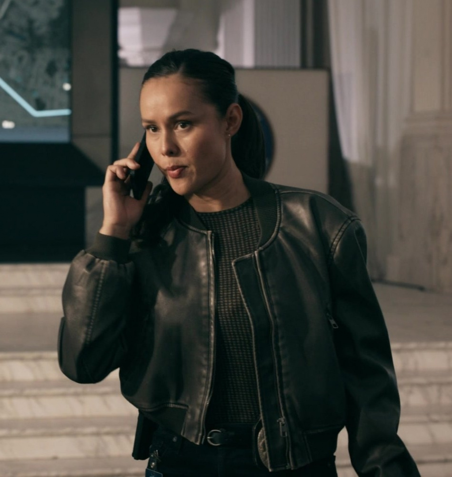 charcoal faux leather cropped bomber jacket - Anna Enger Ritch (Officer Zoe Powell) - S.W.A.T. TV Show
