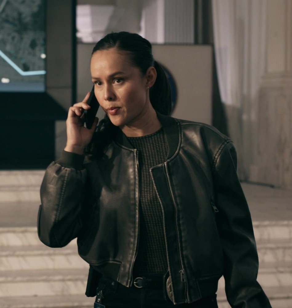 Charcoal Faux Leather Cropped Bomber Jacket Worn by Anna Enger Ritch as Officer Zoe Powell