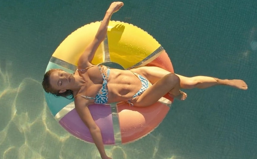 Tropical Blue and White and Orange Print Bikini Set with Tie-Front Top Worn by Sydney Sweeney as Bea