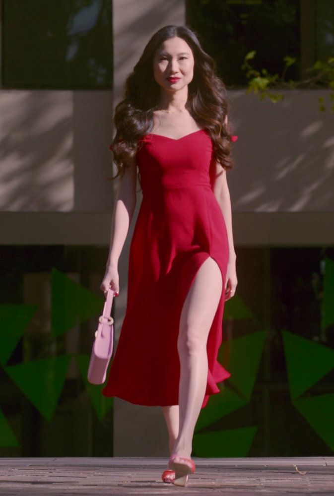 red midi dress with side slit - Shuang Hu (Lia) - Five Blind Dates (2024) Movie