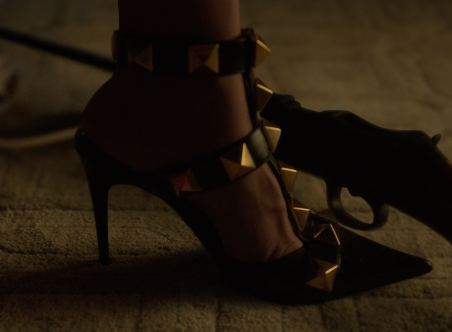 Edgy Black Stiletto Heels with Bold Golden Studs Worn by Angela Zhou as Teddy Goh