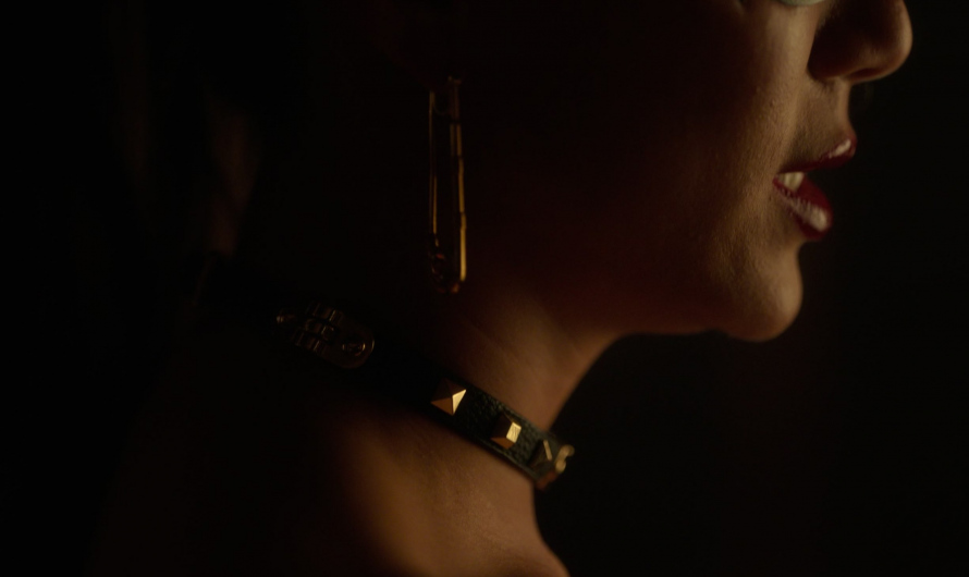 Black Leather Choker with Bold Gold-Tone Studs Worn by Angela Zhou as Teddy Goh