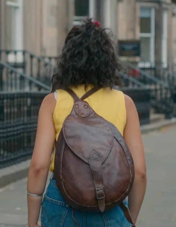 Brown Leather Teardrop Backpack of Ambika Mod as Emma Morley
