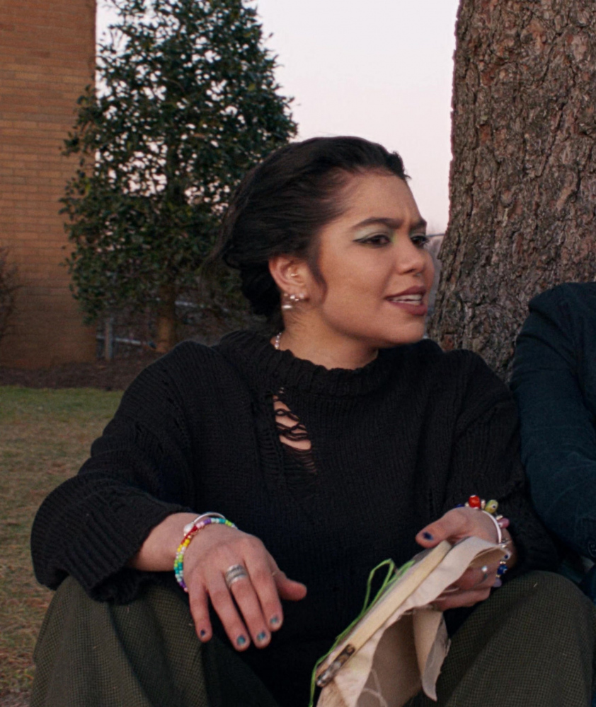 Black Edgy Ripped Distressed Knit Sweater of Auliʻi Cravalho as Janis 'Imi'ike