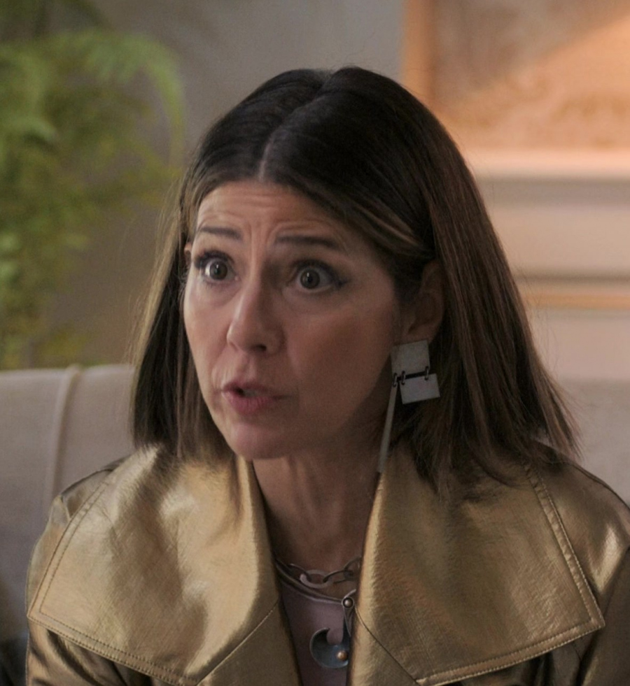 Silver-Framed Marbleized Square Earrings of Marisa Tomei as Claire Dupont from Upgraded (2024) Movie