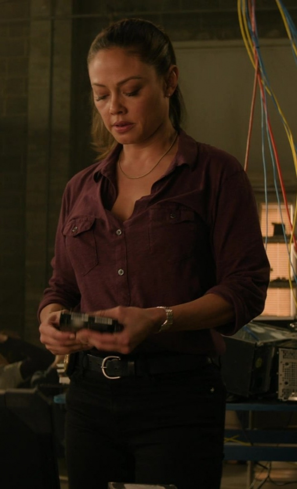 Washed Plum Utility Shirt with Dual Chest Pockets Worn by Vanessa Lachey as Jane Tennant from NCIS: Hawai'i TV Show