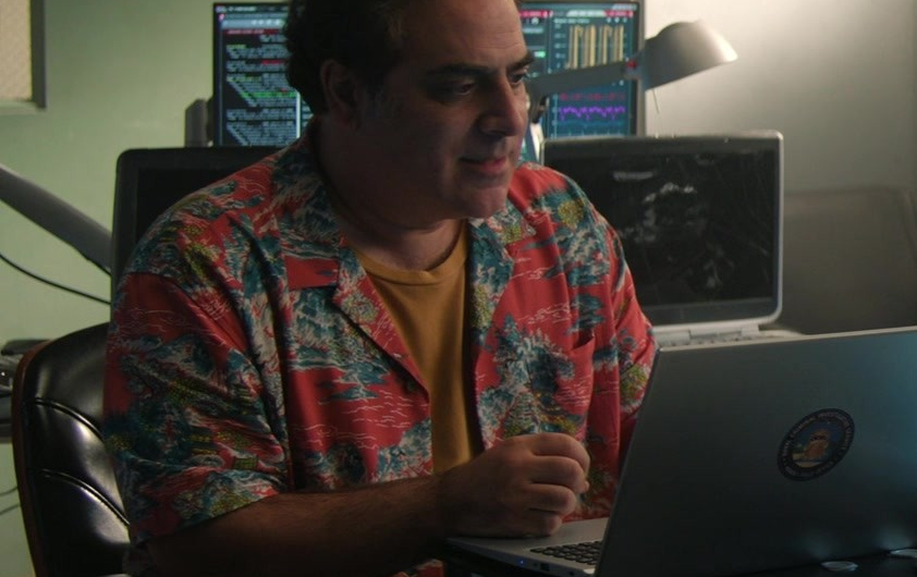 Red Printed Hawaiian Shirt of Jason Antoon as Ernie Malik