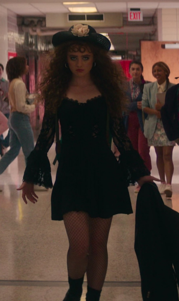Black Goth Mini Dress with Sheer Lace Sleeves Worn by Kathryn Newton as Lisa Swallows