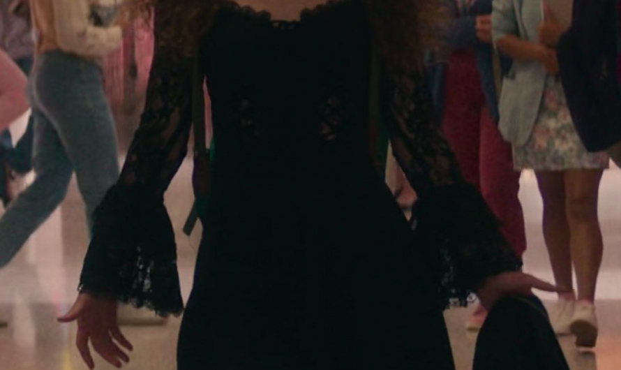 Black Goth Mini Dress with Sheer Lace Sleeves Worn by Kathryn Newton as Lisa Swallows
