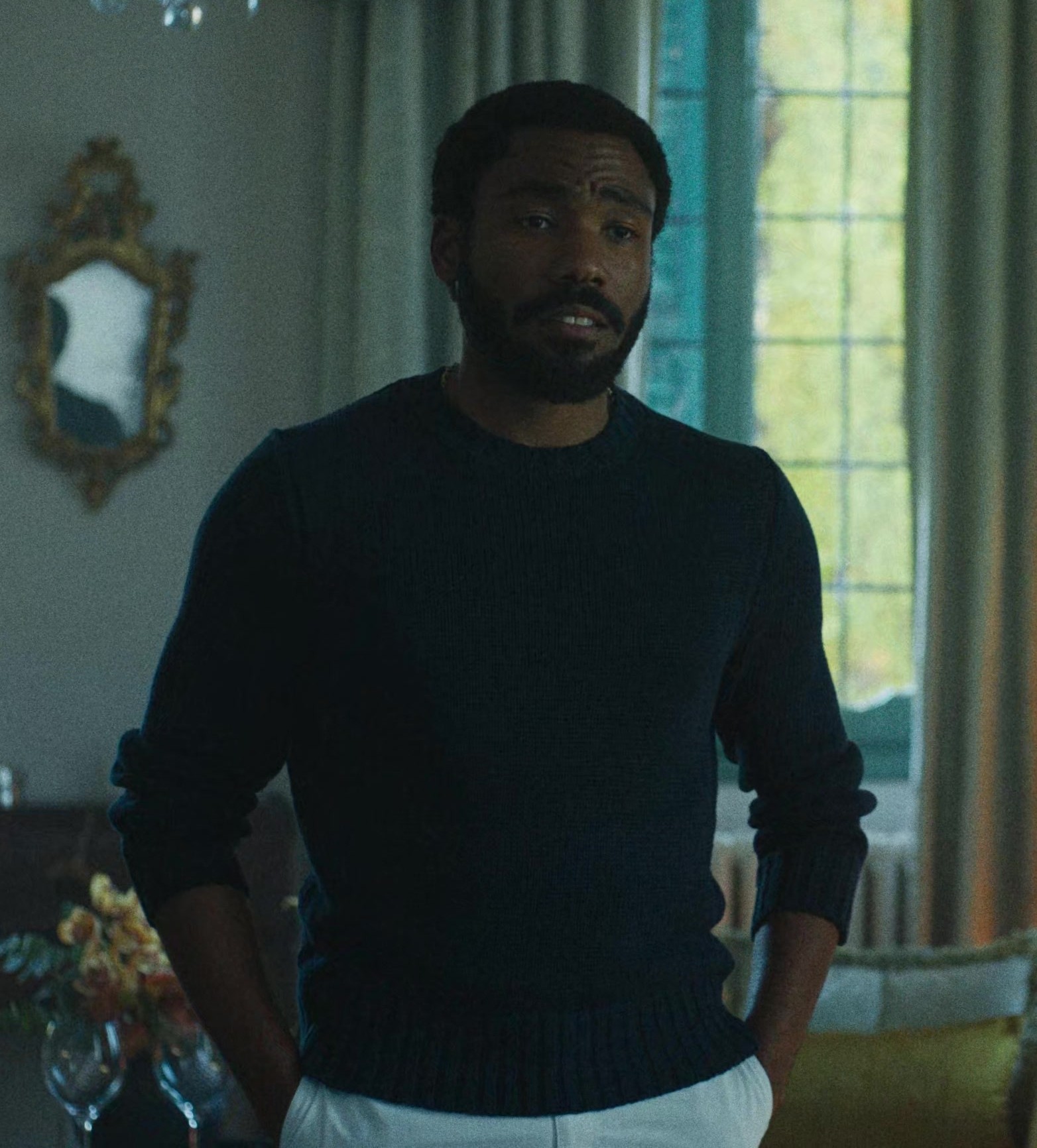 Worn on Mr. & Mrs. Smith TV Show - Blue Crew Neck Knit Sweater Worn by Donald Glover as John Smith