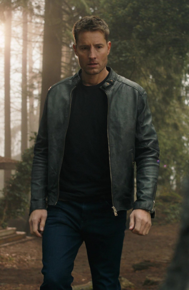 Black Moto Style Black Leather Jacket of Justin Hartley as Colter Shaw