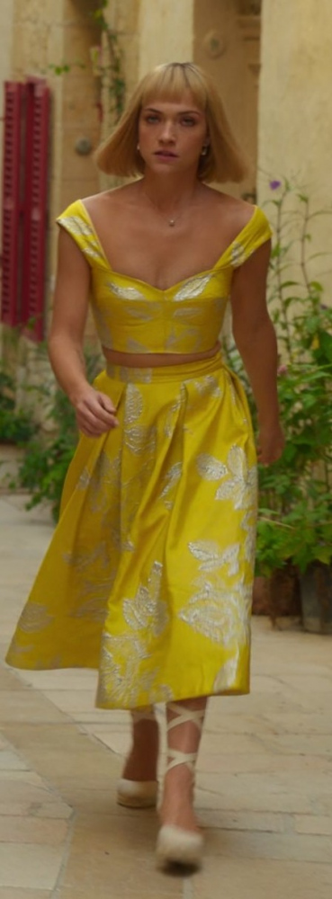 Yellow Crop Top with Silver Leaf Embellishments and Midi Skirt Worn by Violett Beane as Imogene Scott