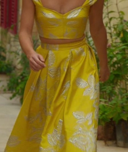 Yellow Crop Top with Silver Leaf Embellishments and Midi Skirt Worn by Violett Beane as Imogene Scott