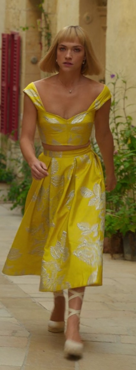 Worn on Death and Other Details TV Show - Yellow Crop Top with Silver Leaf Embellishments and Midi Skirt Worn by Violett Beane as Imogene Scott