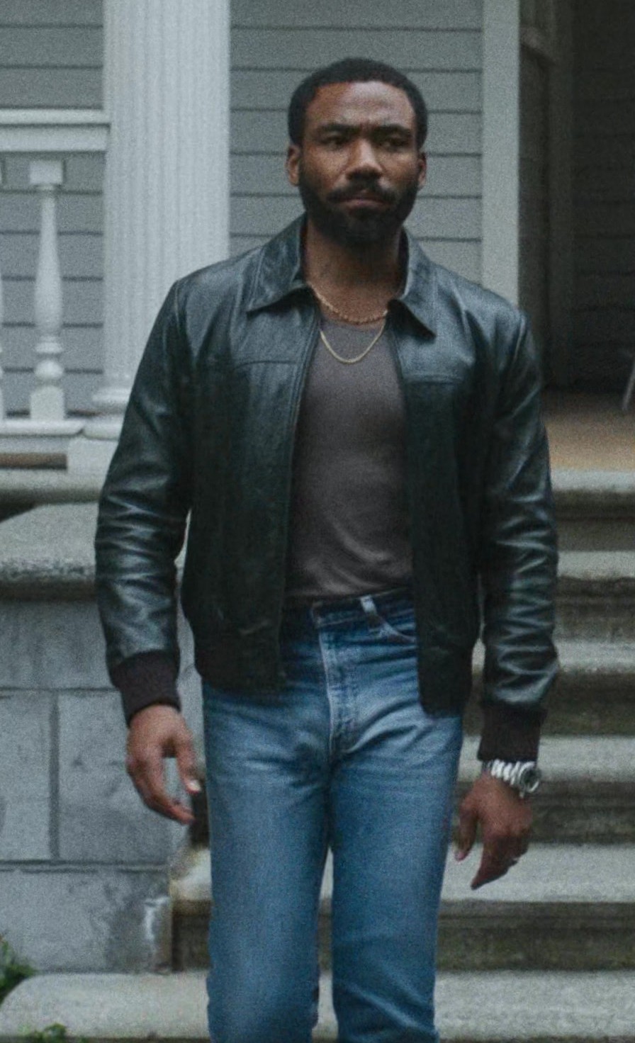 Worn on Mr. & Mrs. Smith TV Show - Black Leather Bomber Jacket With Collar Worn by Donald Glover as John Smith
