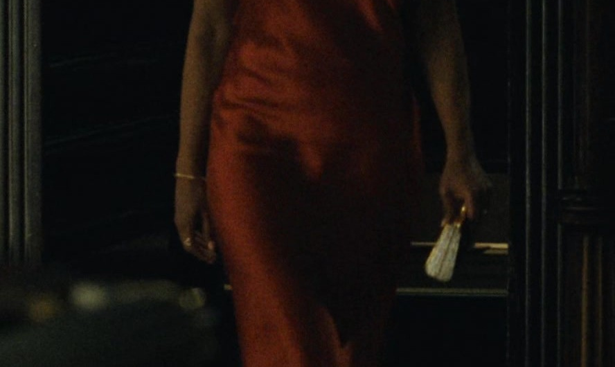 Red Cross-Body Neckline Satin Dress Worn by Sarayu Blue as Hilary Starr