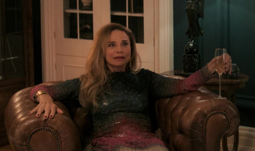 Shimmering Multicolor Full-Length Dress with Sleeves Worn by Lena Olin as Catherine Laroche