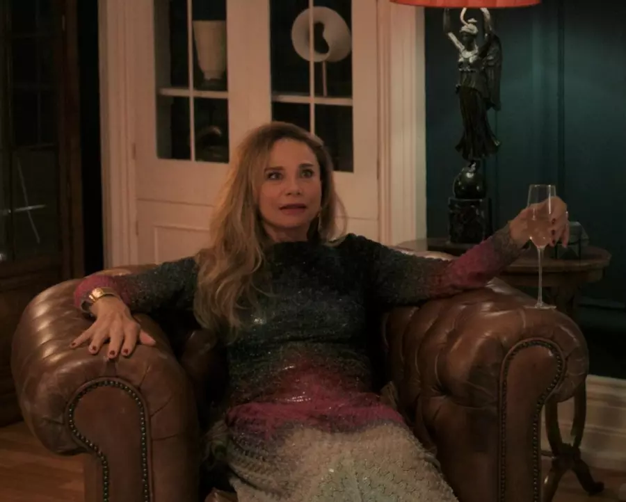Shimmering Multicolor Full-Length Dress with Sleeves Worn by Lena Olin as Catherine Laroche from Upgraded (2024) Movie
