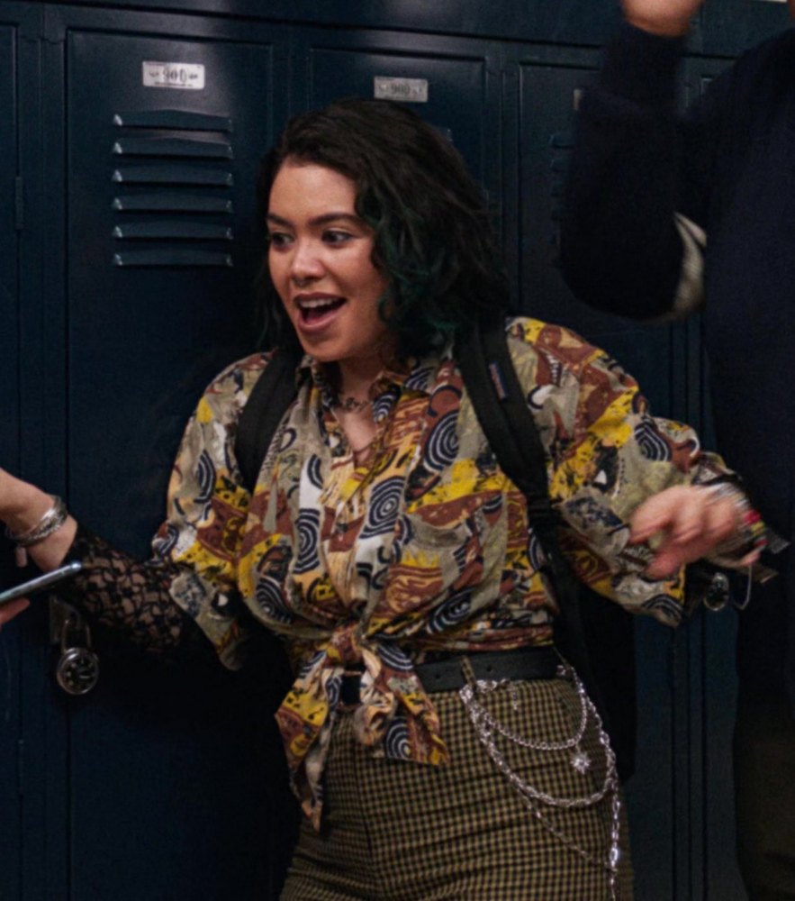 abstract print shirt with tie front - Auliʻi Cravalho (Janis 'Imi'ike) - Mean Girls (2024) Movie