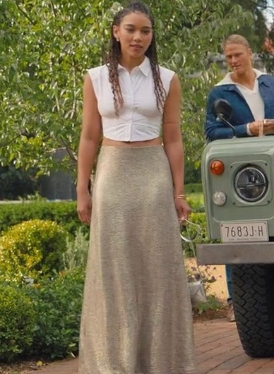 Gold Maxi Skirt with Shimmer Finish Worn by Alexandra Shipp as Claudia
