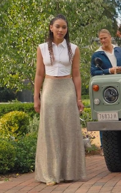 Worn on Anyone But You (2023) Movie - Gold Maxi Skirt with Shimmer Finish Worn by Alexandra Shipp as Claudia