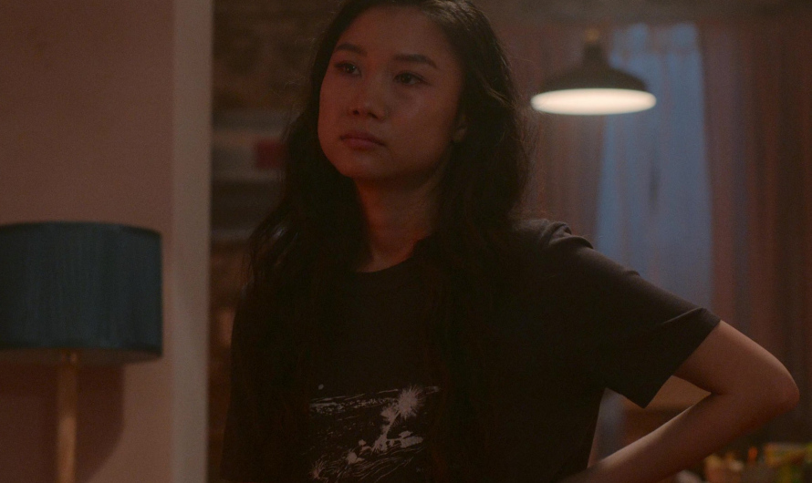 Black Graphic Tee with Vintage Nature Landscape Print Worn by Shuang Hu as Lia