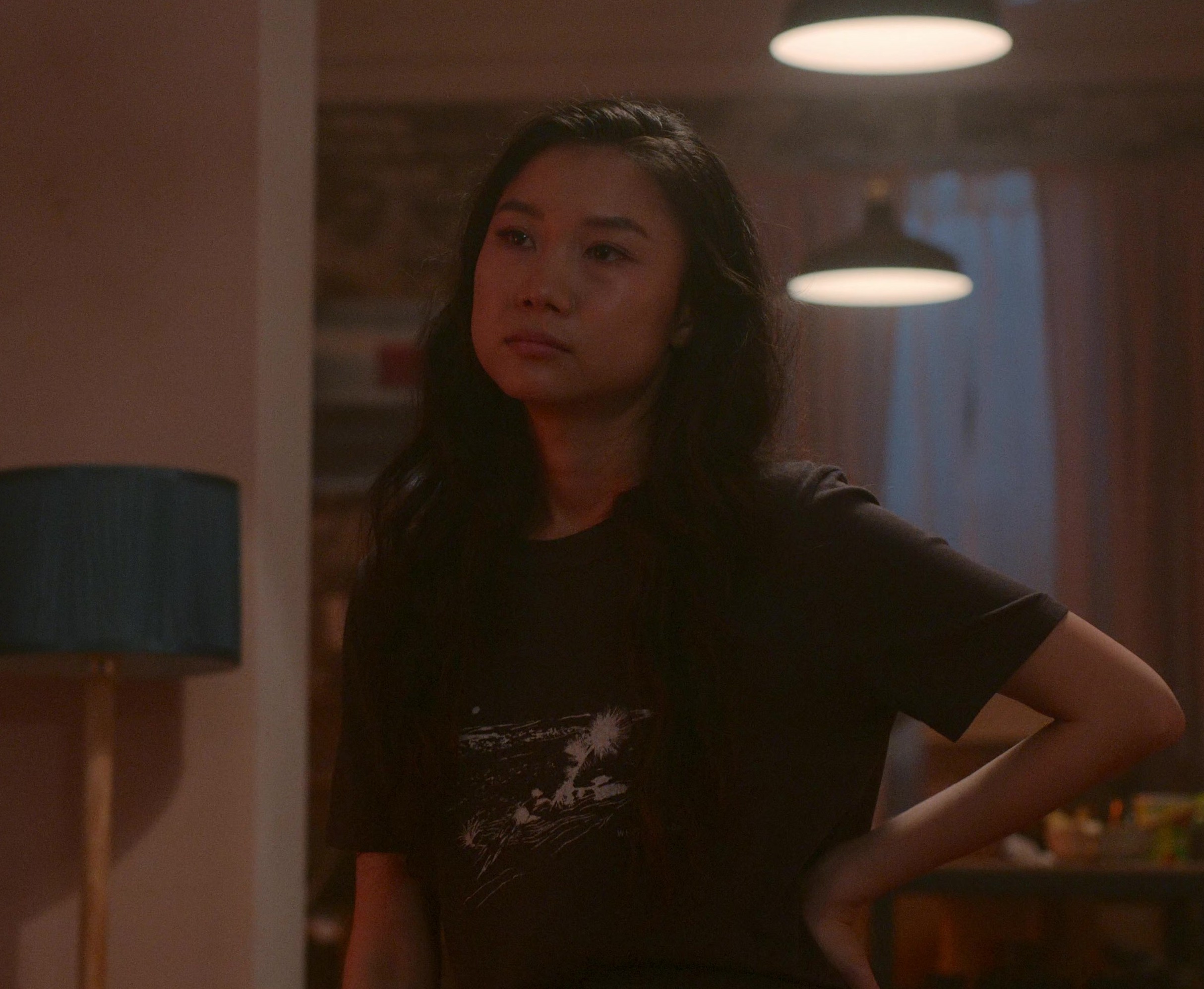 Worn on Five Blind Dates (2024) Movie - Black Graphic Tee with Vintage Nature Landscape Print Worn by Shuang Hu as Lia