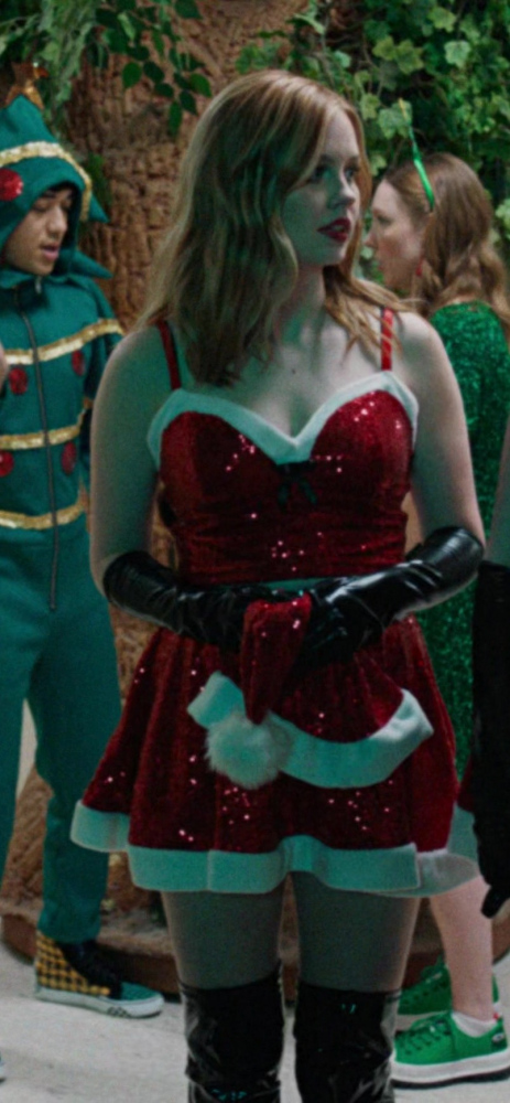 Santa Sequin Crop Top and Flared Skirt Worn by Angourie Rice as Cady Heron