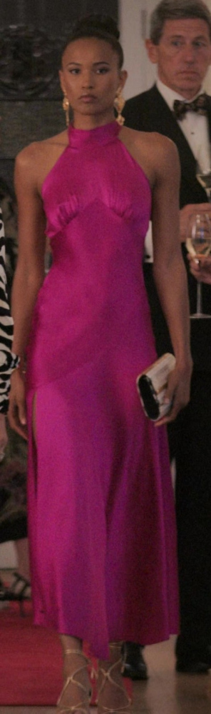 Vibrant Fuchsia Satin Halter Cocktail Dress Worn by Fola Evans-Akingbola as Renee from Upgraded (2024) Movie