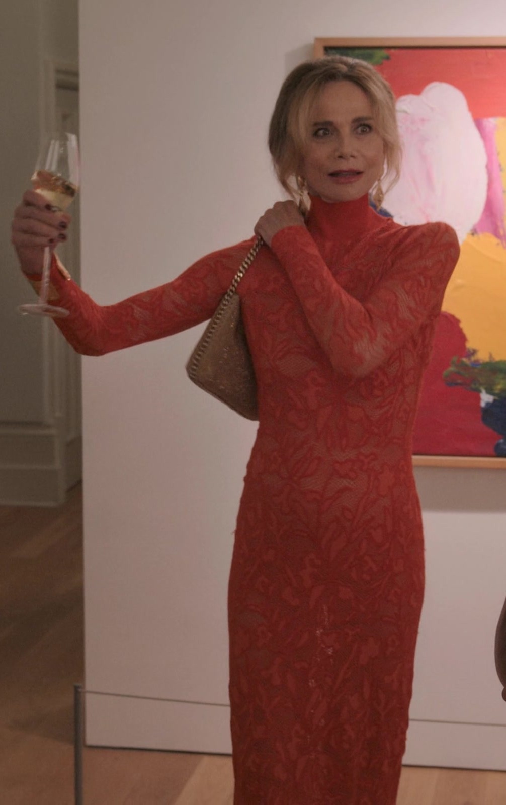 Worn on Upgraded (2024) Movie - Orange Turtleneck Lace Long Sleeve Maxi Dress of Lena Olin as Catherine Laroche