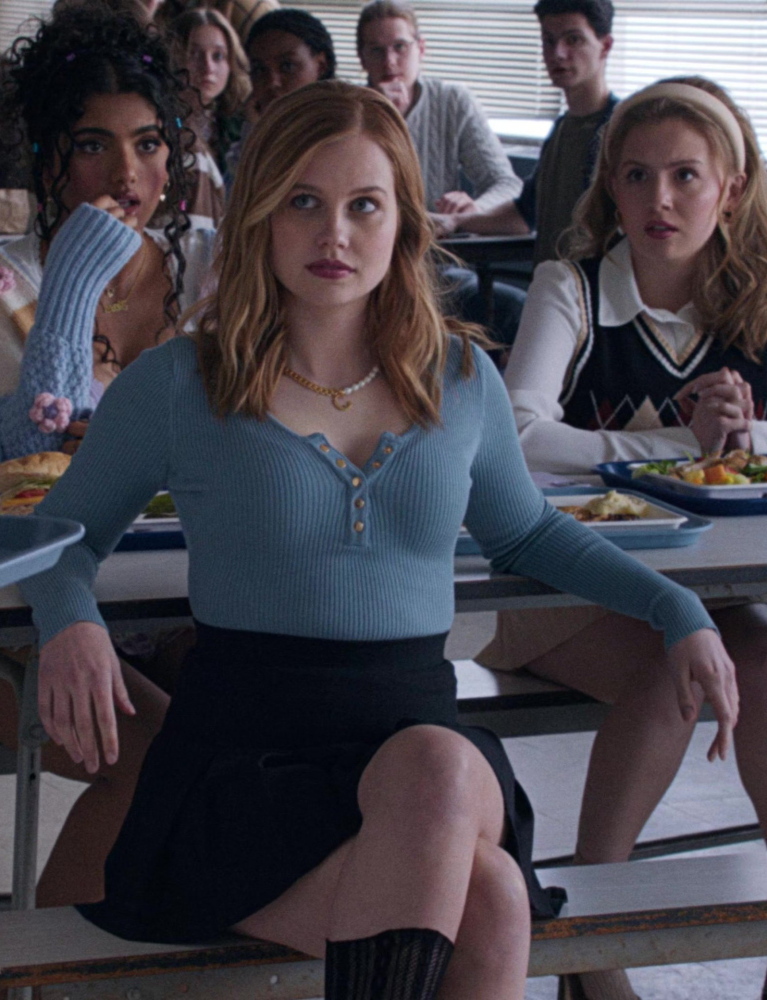 Blue Cotton Rib Long Sleeve Henley Worn by Angourie Rice as Cady Heron